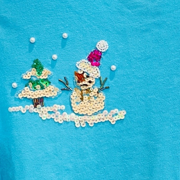 Beaded & Sequined Front & Back Snowman Turquoise Cotton Long Sleeve Tee Size Med - Picture 7 of 7
